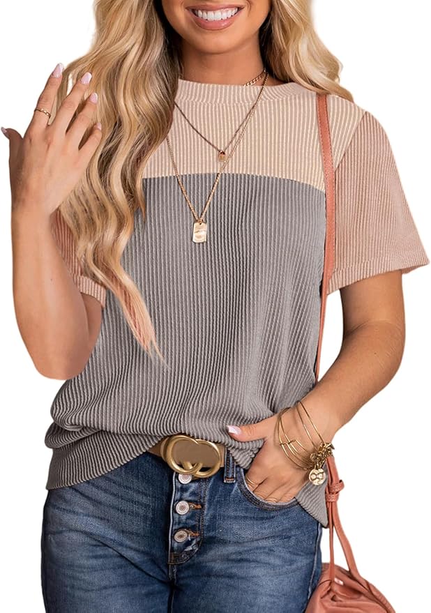 Dokotoo Womens Color Block Fashion Short Sleeve Crewneck